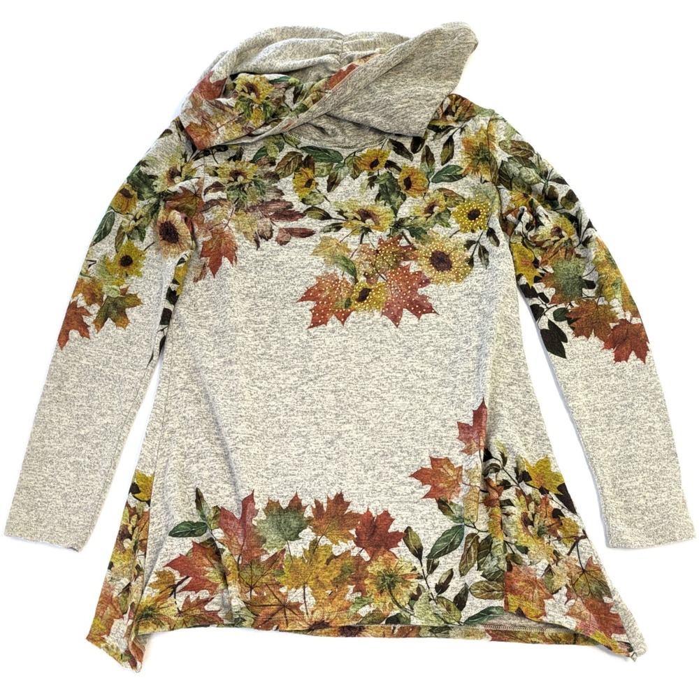 One World Sunflower Maple Leaf Rhinestone Hooded Tunic Sharkbite Hem Grey Medium